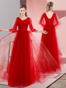 Red V-neck Lace Up Beading Prom Evening Gown Long Sleeves