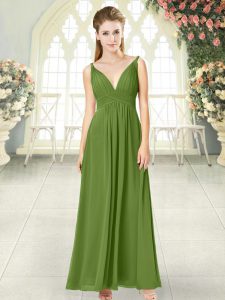 Custom Made Olive Green Backless V-neck Ruching Prom Dress Chiffon Sleeveless
