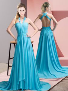 Suitable Chiffon Halter Top Sleeveless Sweep Train Backless Beading and Ruching Formal Evening Gowns in Aqua Blue