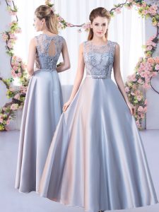 Lovely Satin Scoop Sleeveless Lace Up Lace Quinceanera Court Dresses in Silver