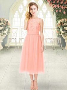 Tea Length Zipper Homecoming Dress Peach for Prom and Party with Lace