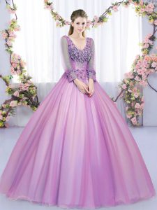 Eye-catching Long Sleeves Floor Length Lace and Appliques Lace Up Sweet 16 Dresses with Lilac