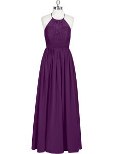 Eggplant Purple A-line Lace Prom Gown Zipper Chiffon Sleeveless Floor Length