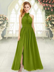 Luxury Olive Green Chiffon Zipper Prom Dresses Sleeveless Ankle Length Ruching