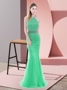 Affordable Sleeveless Beading Backless Prom Gown with Green Sweep Train