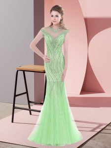Apple Green Mermaid Tulle Scoop Cap Sleeves Beading Zipper Prom Dress Sweep Train