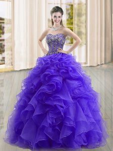 Fabulous Sleeveless Organza Floor Length Lace Up Ball Gown Prom Dress in Purple with Beading and Ruffles