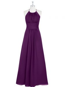 Discount Sleeveless Chiffon Floor Length Zipper Prom Evening Gown in Eggplant Purple with Ruching