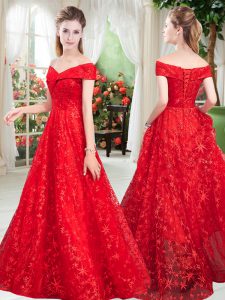 Suitable Red Prom Party Dress Prom and Party with Beading Off The Shoulder Sleeveless Lace Up