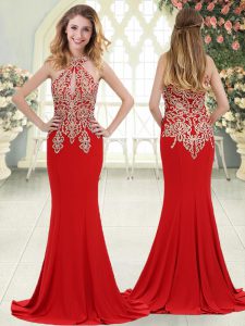 Red Halter Top Neckline Beading and Lace Prom Evening Gown Sleeveless Zipper