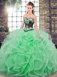 Apple Green Sleeveless Sweep Train Embroidery and Ruffles 15 Quinceanera Dress