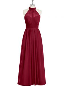 Fashionable Burgundy A-line High-neck Sleeveless Chiffon Floor Length Side Zipper Ruching Prom Evening Gown