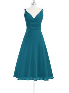 Modern Sleeveless Chiffon Knee Length Zipper Dress for Prom in Teal with Ruching