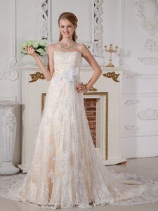 Lovely A-line Strapless Court Train Lace Wedding Dress with Hand Flowers