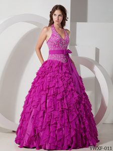Top Halter Chiffon Fuchsia Embroidery Quinceanera Dresses with Bowknot Sash