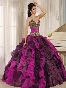 Wholesale Colorful Leopard and Beaded V-neck Quinceanera Dress with Ruffles