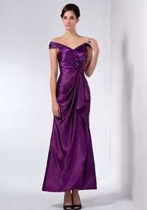 off-the-shoulder Ankle-length Purple Ruched Beaded Mother of Bride Dresses