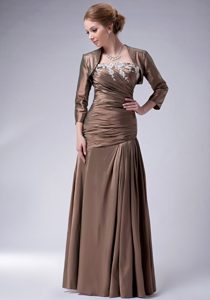 Ruched Strapless Long Brown Appliqued Mother Bride Dress with Jacket