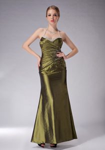 Halter Olive Green Ankle-length Ruched Mother of Bride Dresses with Beading