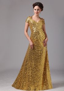Custom Made Short Sleeves Long Gold Sequin Mother of Bride Dress