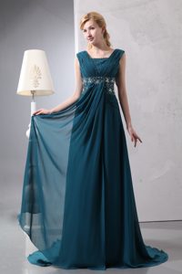 Square Straps Brush Train Ruched Dark Green Beaded Mother of Bride Dress