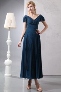 V-neck Ankle-length Navy Blue Ruched Mother of Bride Dresses with Pleats