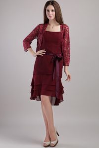 Spaghetti Straps Knee-length Burgundy Layered Mother Bride Dress with Jacket