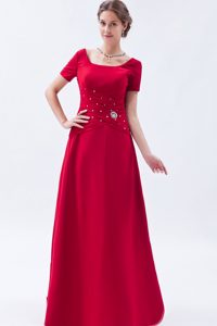 Scoop Short Sleeves Long Wine Red Mother Bride Dress with Beading