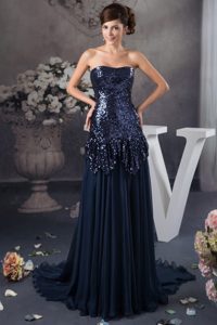 Navy Blue Strapless Brush Train Sequin and Chiffon Mother of Bride Dresses