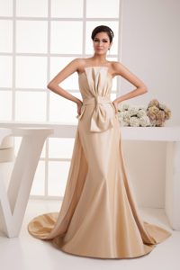 Strapless Brush Train Champagne Ruched Mother of Bride Dresses with Bow