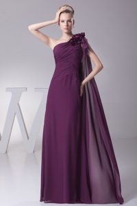 One Shoulder Long Ruched Purple Mother of Bride Dress with Flower