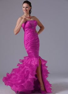 Mermaid Ruched and Beaded Prom Court Dress with Ruffles Layers in Fuchsia