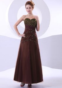 Ruched and Beaded Brown Prom Gowns with Ankle-length and Taffeta