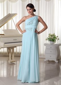 Light Blue One Shoulder Chiffon Beaded Prom Dress for Custom Made for Cheap