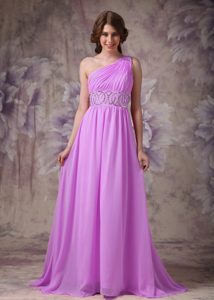 Empire One Shoulder Chiffon Ruched and Beaded Prom Dresses with Brush Train