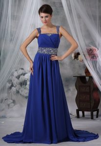Beaded Straps Royal Blue Chiffon Prom Evening Dress with Brush Train for Cheap