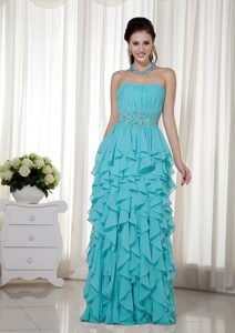 Blue Empire Strapless Chiffon Beaded Prom Pageant Dress with Ruffles for Cheap