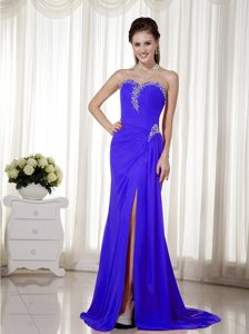 Sweetheart Chiffon Beaded Prom Dresses with Brush Train and High Slit