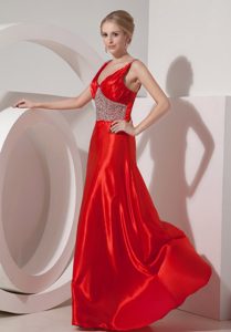 Popular Red A-line V-neck Silk Like Satin Beaded Prom Dresses with Brush Train