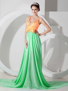 Green and Orange Empire V-neck Chiffon Beaded Prom Dresses with Brush Train