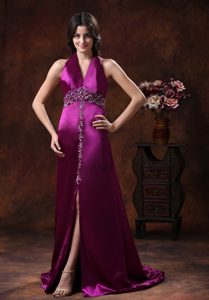 Attractive High Slit Beaded Satin Halter Top Prom Dress with Brush Train on Sale