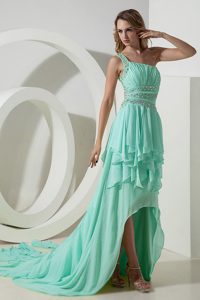 Beautiful Apple Green One Shoulder High-low Beaded Prom Dress with Ruching