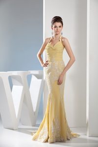 Mermaid Halter Top Yellow Prom Dress with Appliques and Ruching on Promotion