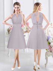 Trendy Halter Top Knee Length Grey Bridesmaid Dress Chiffon Sleeveless Lace and Ruching