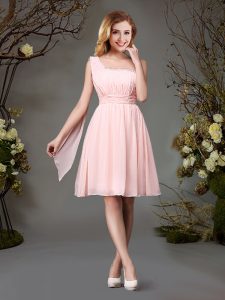 Classical One Shoulder Pink Chiffon Zipper Wedding Party Dress Sleeveless Mini Length Beading and Ruching
