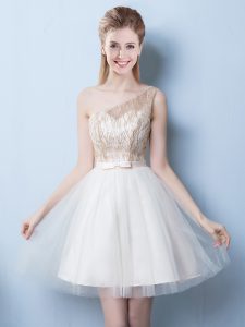 Decent One Shoulder Sleeveless Mini Length Sequins and Bowknot Lace Up Quinceanera Court Dresses with Champagne
