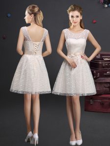 Delicate Scoop Champagne Lace Lace Up Wedding Party Dress Sleeveless Knee Length Lace and Appliques