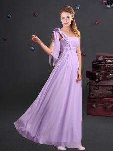Custom Fit Empire Quinceanera Court Dresses Lavender One Shoulder Chiffon Sleeveless Floor Length Zipper