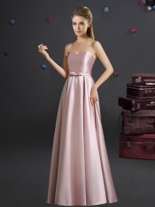 Amazing Floor Length Pink Wedding Party Dress Elastic Woven Satin Sleeveless Bowknot