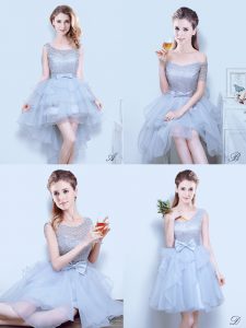 Scoop Grey Organza Lace Up Dama Dress Sleeveless Mini Length Lace and Ruffles and Ruffled Layers and Bowknot